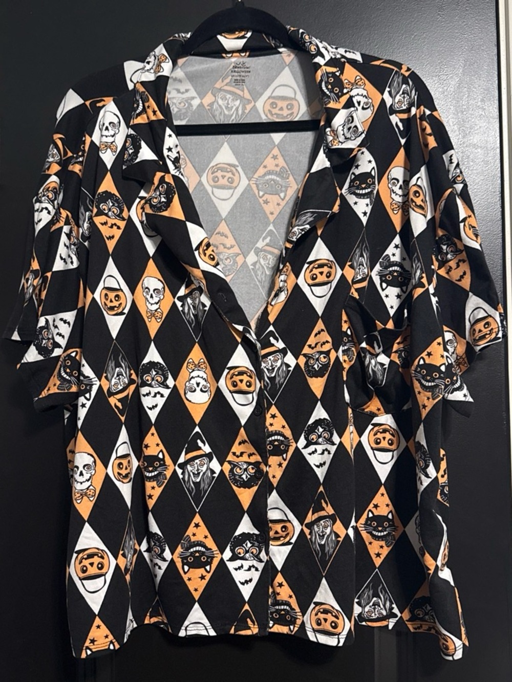 Halloween Harlequin Print Short Sleeve Top - Black & Orange
